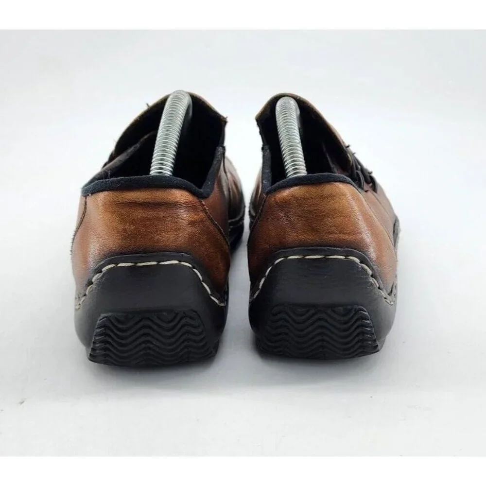 Rieker Women's Celia Square Toe Slip On Loafer Comfort Shoes Brown Leather Sz 39